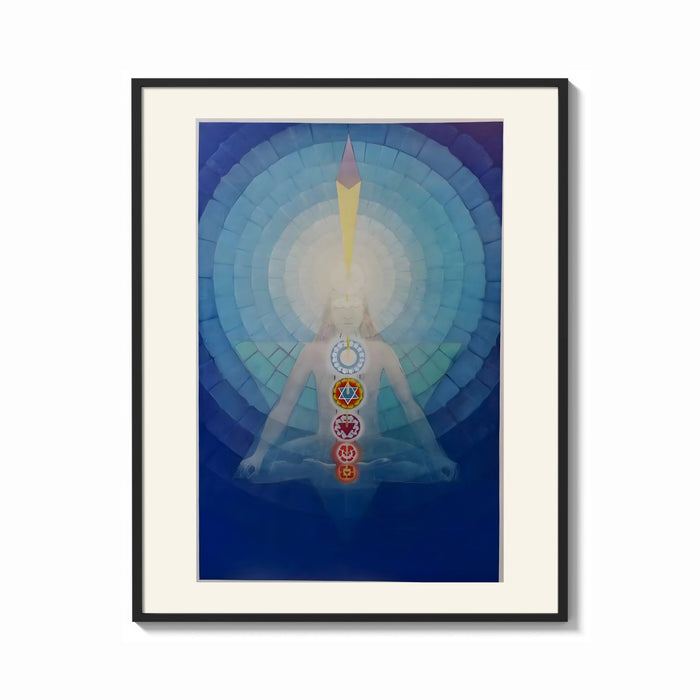 Framed Meditating figure with chakra symbols print shown as a bold statement piece on a clean gallery wall