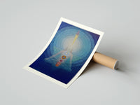 Rolled Meditating figure with chakra symbols poster beside its crush-resistant kraft shipping tube