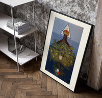Inverted tree with crown poster in a black frame leaning beside a shelf in a raw-plaster loft