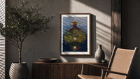 Inverted tree with crown poster framed above a fluted sideboard beside an olive tree