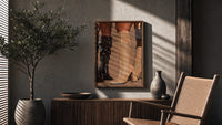 Knee-High Boots in Black and Beige poster framed above a fluted sideboard beside a potted tree
