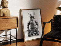Brass-framed Skeletal samurai in metallic armor print leaning in a warm styled corner by a sculpture