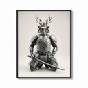 Framed Skeletal samurai in metallic armor print shown as a bold statement piece on a clean gallery wall