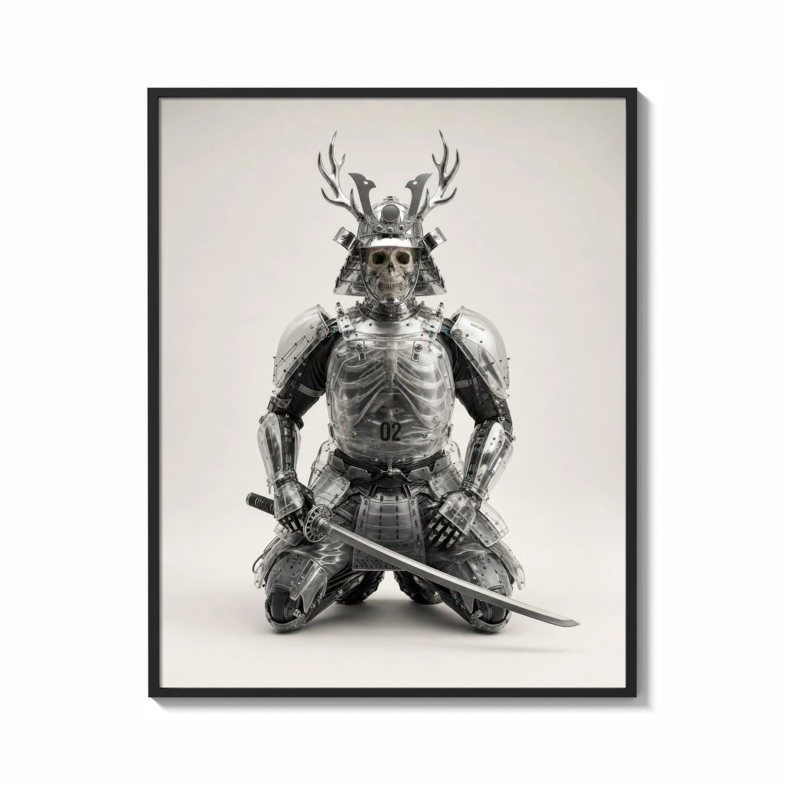 Framed Skeletal samurai in metallic armor print shown as a bold statement piece on a clean gallery wall
