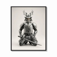 Framed Skeletal samurai in metallic armor print shown as a bold statement piece on a clean gallery wall