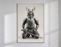 Skeletal samurai in metallic armor poster in a slim frame on a bright wall with soft window light