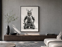 Skeletal samurai in metallic armor poster framed above a wood console in a concrete-wall living room