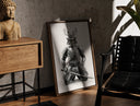 Walnut-framed Skeletal samurai in metallic armor print leaning against a sunlit rustic brick wall