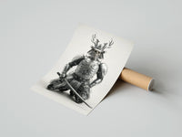 Rolled Skeletal samurai in metallic armor poster beside its crush-resistant kraft shipping tube