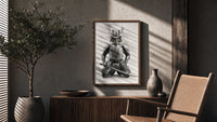 Skeletal samurai in metallic armor poster framed above a fluted sideboard beside an olive tree
