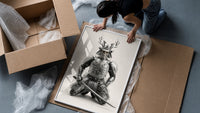Skeletal samurai in metallic armor framed print being unpacked from protective bubble wrap and a box