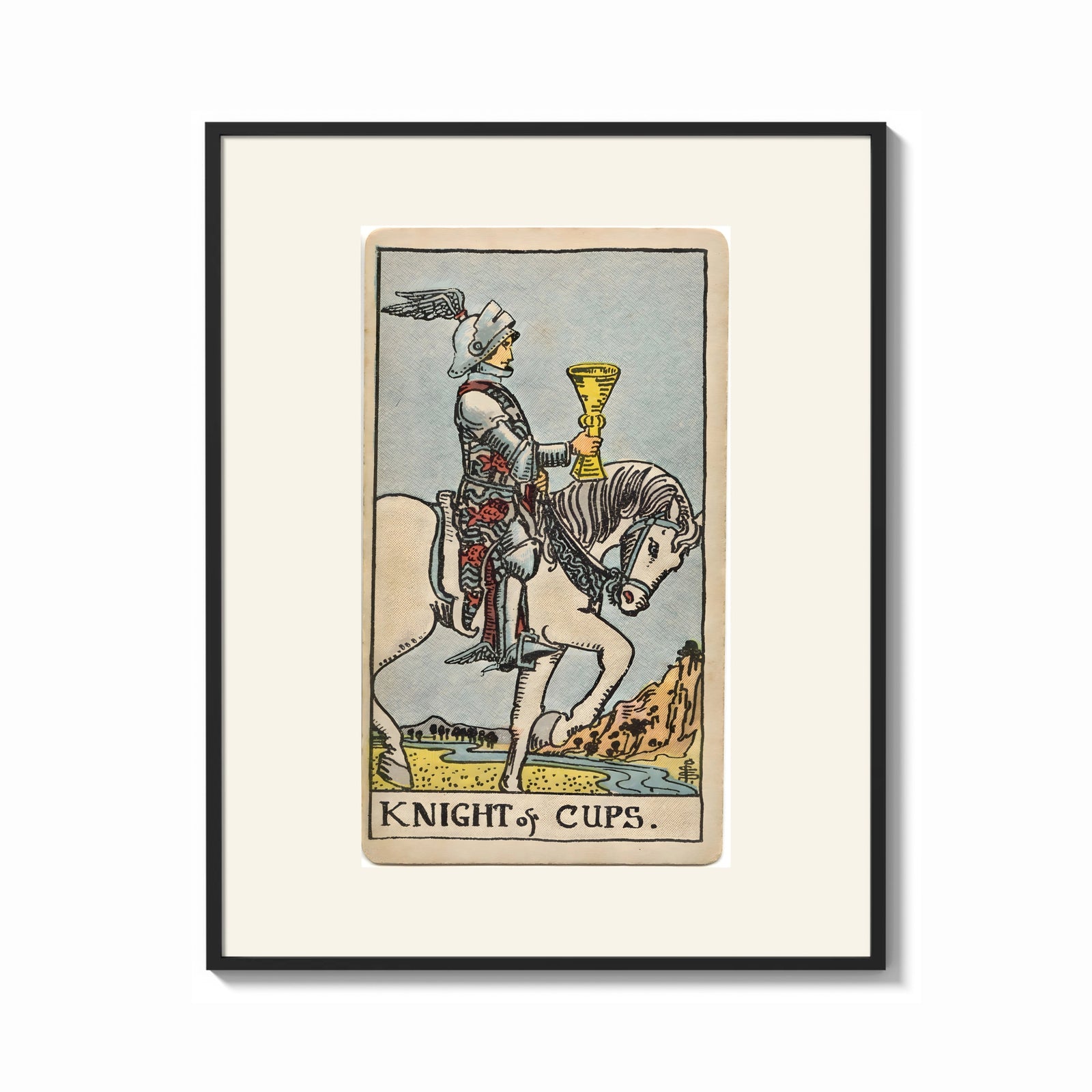 Framed Knight riding horse holding cup print shown as a bold statement piece on a clean gallery wall