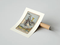 Rolled Knight riding horse holding cup poster beside its crush-resistant kraft shipping tube