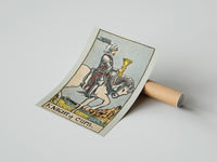Gently curled Knight of Cups print beside its protective shipping tube