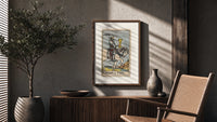 Knight riding horse holding cup poster framed above a fluted sideboard beside an olive tree