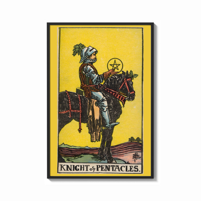 Framed Knight of Pentacles print shown as a bold statement piece on a clean gallery wall