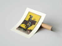 Rolled Knight on horse holding pentacle poster beside its crush-resistant kraft shipping tube