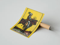 Gently curled Knight of Pentacles print beside its protective shipping tube