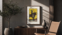 Knight on horse holding pentacle poster framed above a fluted sideboard beside an olive tree