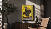 Knight of Pentacles poster framed above a fluted sideboard beside a potted tree