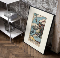 Armored knight riding horse with sword poster in a black frame leaning beside a shelf in a raw-plaster loft