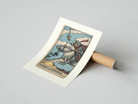 Rolled Armored knight riding horse with sword poster beside its crush-resistant kraft shipping tube