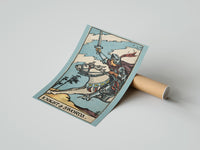 Gently curled Knight of Swords print beside its protective shipping tube