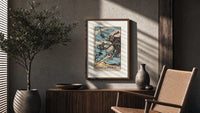 Armored knight riding horse with sword poster framed above a fluted sideboard beside an olive tree