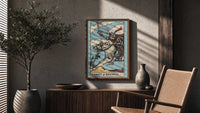 Knight of Swords poster framed above a fluted sideboard beside a potted tree