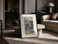 Armored knight riding horse with sword print in a black frame leaning on a travertine table in a sunlit lounge