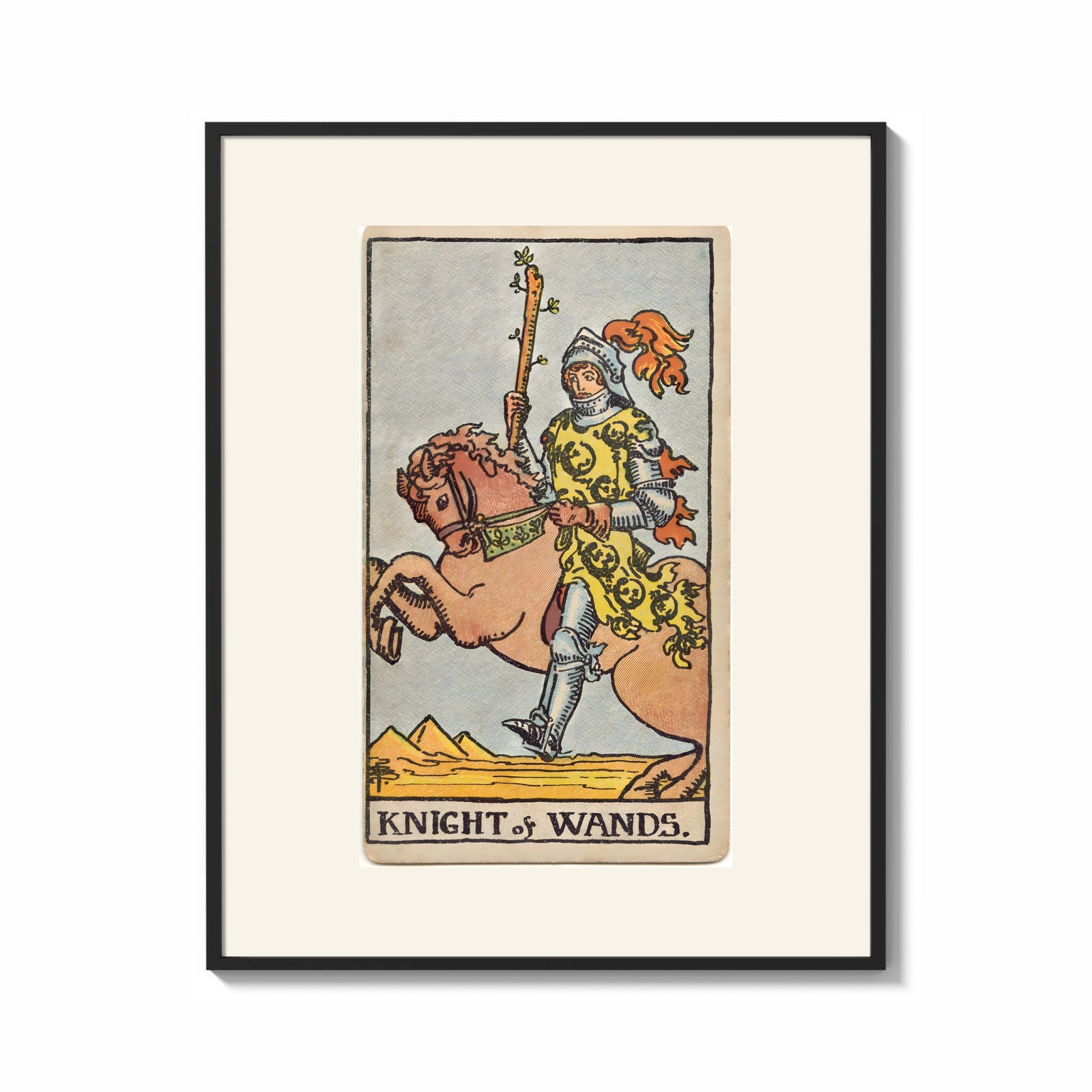 Framed Knight riding horse holding wand print shown as a bold statement piece on a clean gallery wall