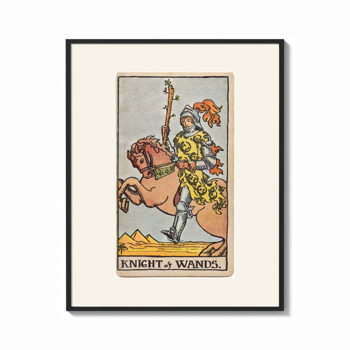 Framed Knight riding horse holding wand print shown as a bold statement piece on a clean gallery wall