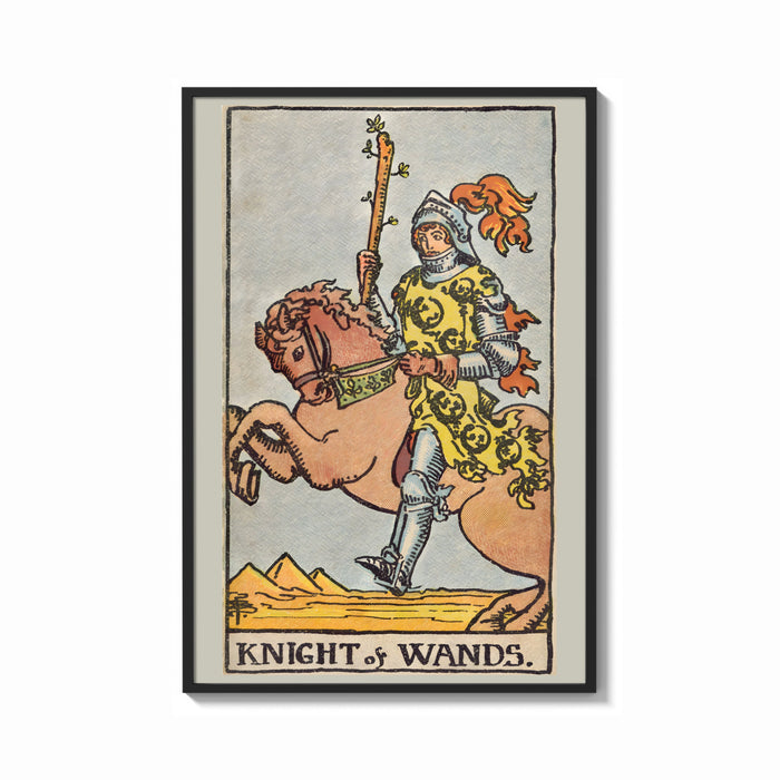 Framed Knight of Wands print shown as a bold statement piece on a clean gallery wall