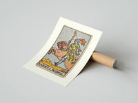 Rolled Knight riding horse holding wand poster beside its crush-resistant kraft shipping tube