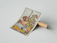 Gently curled Knight of Wands print beside its protective shipping tube