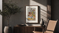 Knight riding horse holding wand poster framed above a fluted sideboard beside an olive tree