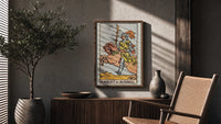 Knight of Wands poster framed above a fluted sideboard beside a potted tree