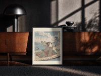 Black-framed Japanese woman in striped kimono on boat print on a moody console with designer coffee-table books