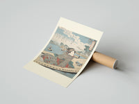 Rolled Japanese woman in striped kimono on boat poster beside its crush-resistant kraft shipping tube