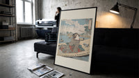 Japanese woman in striped kimono on boat print in a slim black frame leaning on a dark sofa in a concrete print studio