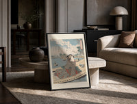 Japanese woman in striped kimono on boat print in a black frame leaning on a travertine table in a sunlit lounge
