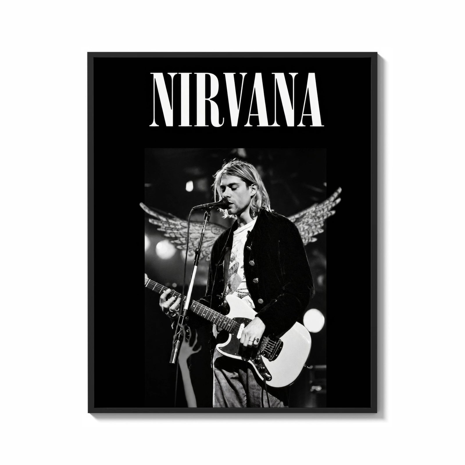 Framed Kurt Cobain Nirvana Live print shown as a statement piece on a gallery wall