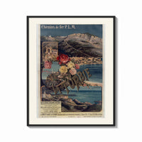 Framed French Riviera coastal railway scene print shown as a bold statement piece on a clean gallery wall