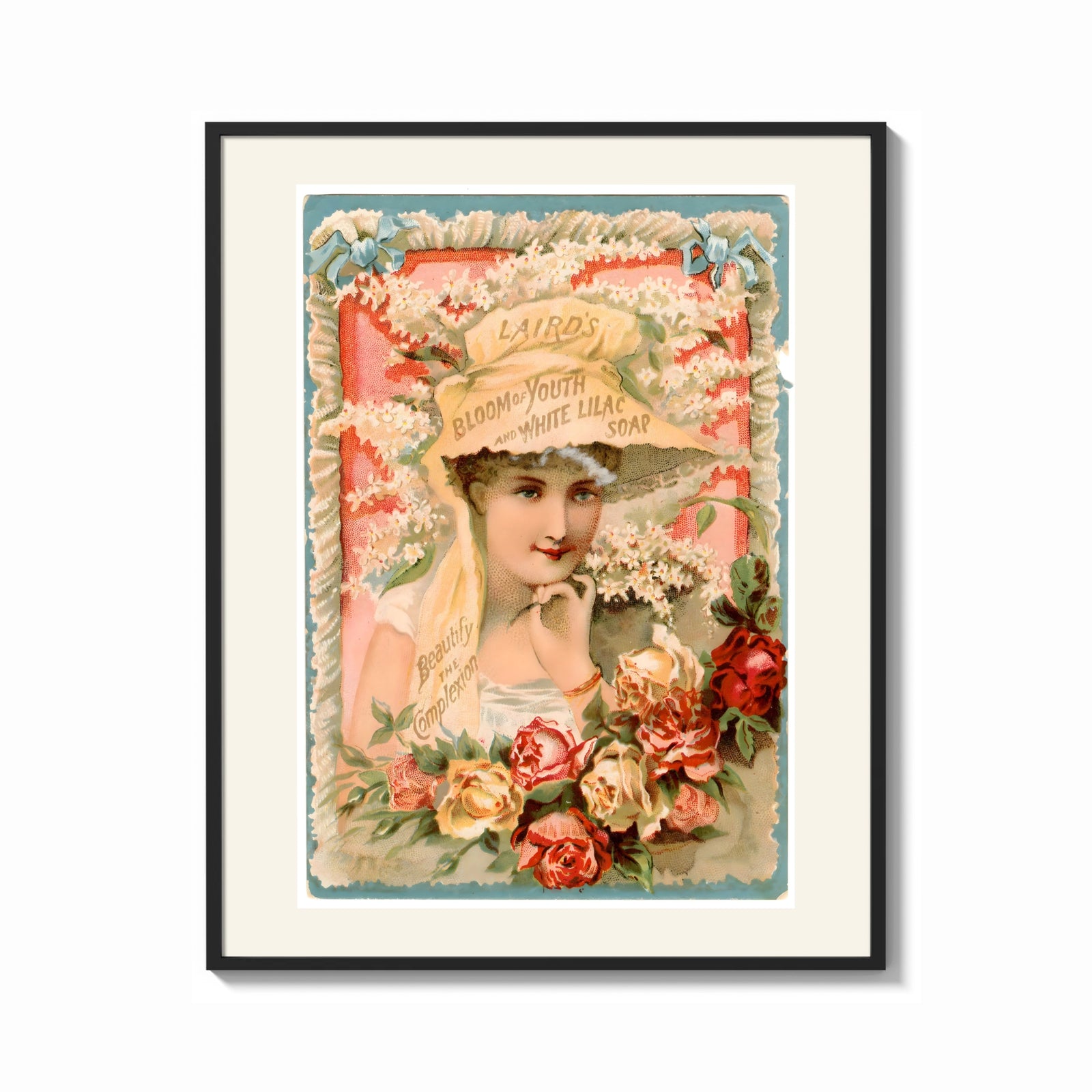 Framed Victorian woman in bonnet with flowers print shown as a bold statement piece on a clean gallery wall
