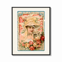 Framed Victorian woman in bonnet with flowers print shown as a bold statement piece on a clean gallery wall