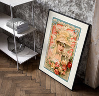 Victorian woman in bonnet with flowers poster in a black frame leaning beside a shelf in a raw-plaster loft