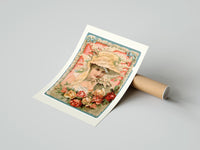Rolled Victorian woman in bonnet with flowers poster beside its crush-resistant kraft shipping tube