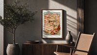 Victorian woman in bonnet with flowers poster framed above a fluted sideboard beside an olive tree