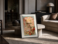 Victorian woman in bonnet with flowers print in a black frame leaning on a travertine table in a sunlit lounge