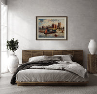 Lambeth Palace on the Thames print in a dark wood frame above a rattan bed on a plaster wall